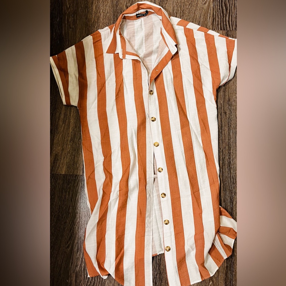 SHEIN LUNE Two Tone Striped Button Front Shirt Dress Without Belt